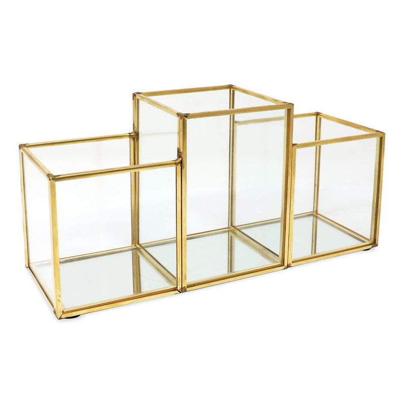 Isaac Jacobs 3-Compartment Makeup Brush Holder, Vintage Style Brass and Glass Organizer, (9.3â€ L x 3.1" W x 4.5" H) Storage Solution with Mirror Base & Taller Center Slot, for Makeup, Crafts, & More - Image 1